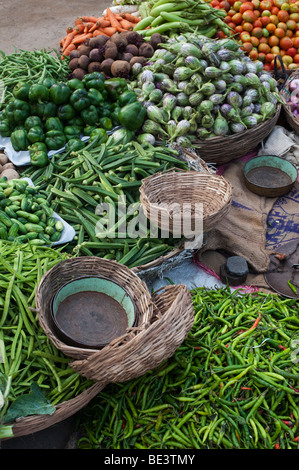 Indian vegetable market with vegetables in baskets Stock Photo