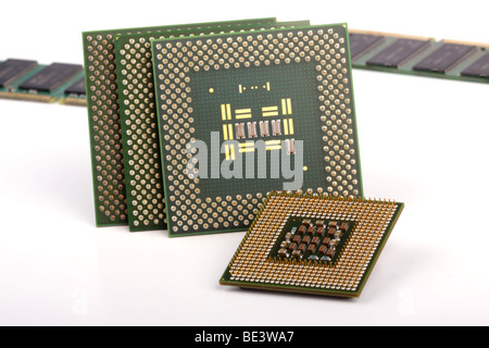 Several computer chips on a white background. Stock Photo