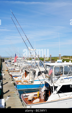 Sport fishing boats docked at marina in Rock Harbor, Orleans, Cape Cod USA Stock Photo