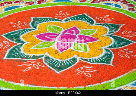 Rangol design on an Indian street at Dasara festival. Puttaparthi, Andhra Pradesh, India Stock Photo