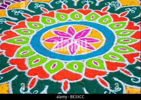 Rangol design on an Indian street at Dasara festival. Puttaparthi, Andhra Pradesh, India Stock Photo