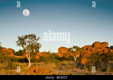 Moon rise over the Devils Marbles (Karlu Karlu), Tennant Creek, Northern Territory Australia