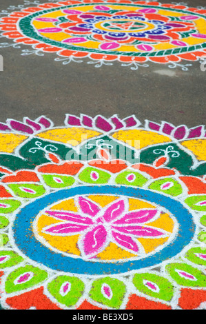 Rangol design on an Indian street at Dasara festival. Puttaparthi, Andhra Pradesh, India Stock Photo