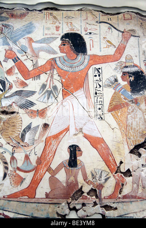 Egyptian wall painting of Nebamun hunting in the marshes- British Museum Stock Photo