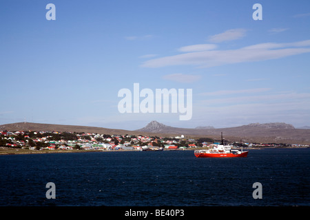 Port Stanley, Falkland Islands, with Fisheries vessel in the harbour Stock Photo
