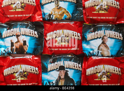 Wagon Wheels biscuits - individual packets of plain and jammie flavour Wagon Wheels biscuit, individually wrapped Stock Photo