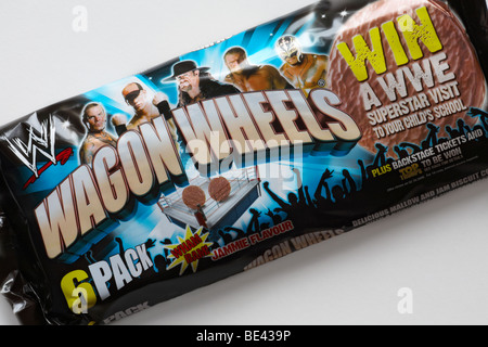 Wagon Wheels biscuits - Jammie Flavour 6 pack set on white background Stock Photo