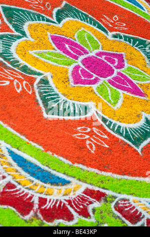 Rangol design on an Indian street at Dasara festival. Puttaparthi, Andhra Pradesh, India Stock Photo