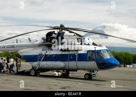 Preparing MI-8 helicopter, Yelizovo, Kamchatka, Russian Far East Stock Photo