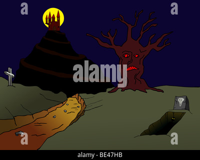 old haunted castle on the hill and incubus rising from the grove Stock Photo