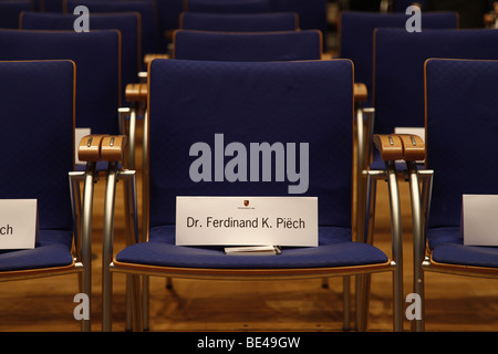 63th International Motor Show ( IAA ): Empty seat rows in a conference room with the name of Dr. Ferdinand Piech Stock Photo