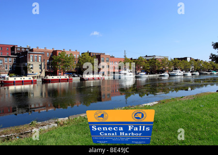 Village of Seneca Falls, NY waterfront, on the banks of the Seneca-Cayuga Canal, part of the Erie Canal system. Stock Photo