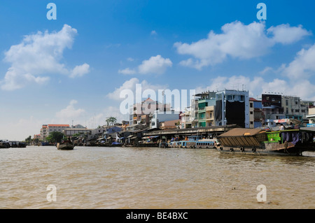 Buildings in the city of Vin Long, as seen from the Mekong River, Vinh Long, Mekong Delta, Vietnam, Asia Stock Photo