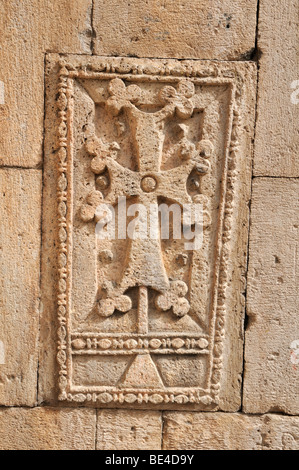 Historic Armenian cross-stone, khachkar, at Geghard monastery near Garni, UNESCO World Heritage Site, Kotayk region, Armenia, A Stock Photo
