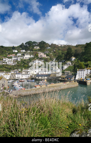 Elevated viewpoint overlooking Polperro harbour, Cornwall, UK Stock Photo