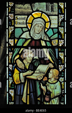 Saint Ursula window, (detail). Church of Saint John the Baptist, Flookburgh, Cumbria, England, United Kingdom, Europe. Stock Photo