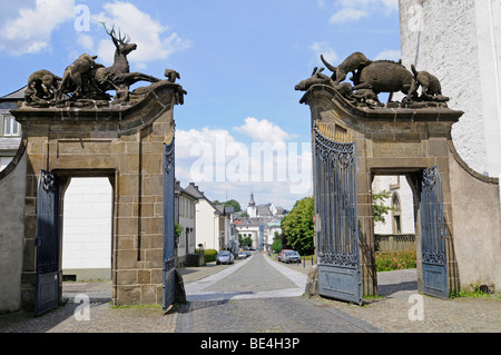 Hirschberger Tor gate, historic city gate, deer, hunting, hunting motif, hunting scene, Arnsberg, Sauerland region, North Rhine Stock Photo