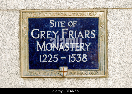 Plaque marking the former site of Grey Friars Monastery 1225 - 1538 in Newgate St, Holborn, London, England Stock Photo