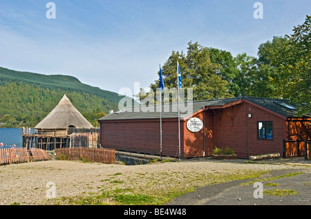 The Scottish Crannog Centre on Loch Tay near Kenmore Scotland with the visitor centre in the foreground. Stock Photo