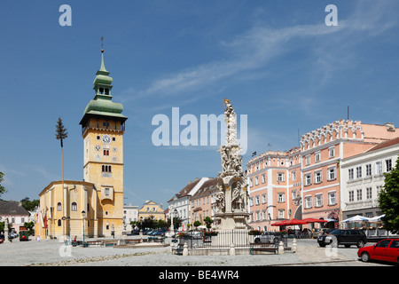 Main square with City Hall, Plague Column and Verderberhaus building, Retz, Weinviertel, Lower Austria, Austria, Europe Stock Photo