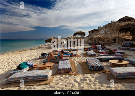 People at beach on pillow seats, beach, parasols, lagoon, swimmers, people, Beach Mahmya, beach, Giftun Island, Hurghada, Egypt