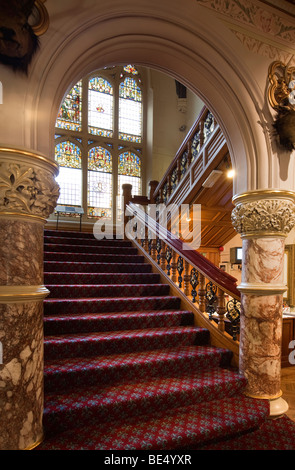 UK, England, Yorkshire, Keighley Cliffe Castle Museum, Butterfield family stained glass window on staircase Stock Photo