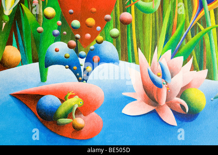 Fantasy garden, frog on a red heart-shaped leaf in a pond, acrylic picture, by the artist Gerhard Kraus, Kriftel, Germany Stock Photo