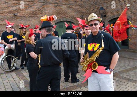 Wonderbrass jazz band prepare for opening parade of Brecon Jazz Festival 2009 Stock Photo