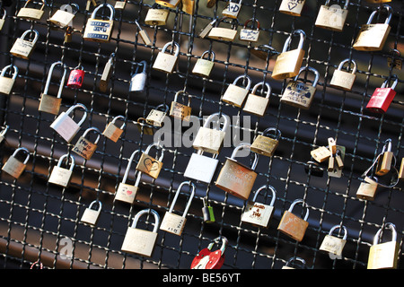 Padlocks on Hohenzollernbruecke Bridge, Cologne, Germany, North Rhine-Westphalia, Germany, Europe Stock Photo