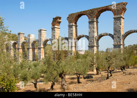 Archaeology, long double-arched Roman aqueduct in an olive grove, near Moria, Lesbos, Aegean Sea, Greece, Europe Stock Photo