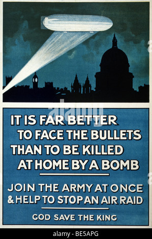World War One British recruiting and propaganda poster urging men to join the army and help stop German air raids. Stock Photo