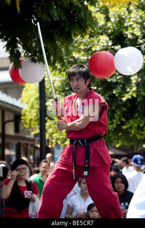 'Hollywood Entertainment Academy' performs a martial arts stunt show for Nisei week in LA's Little Tokyo on Aug. 15th, 2009 Stock Photo