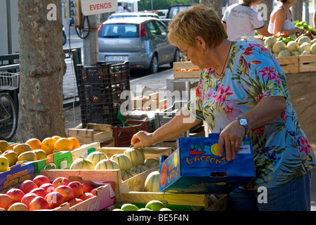 French vendor stocking produce at an outdoor market in Sanary sur Mer, Southern France. Stock Photo