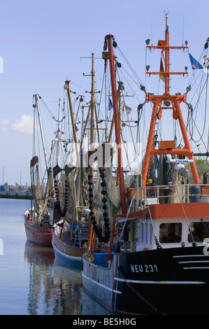 Fishing boat with beam trawl, spar or boom and drag nets in the port of Neuharlingersiel, Wattenmeer National Park, Lower Saxon Stock Photo