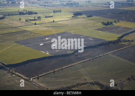 Power Lines Across Farmland near Timaru, South Canterbury, South Island, New Zealand - aerial