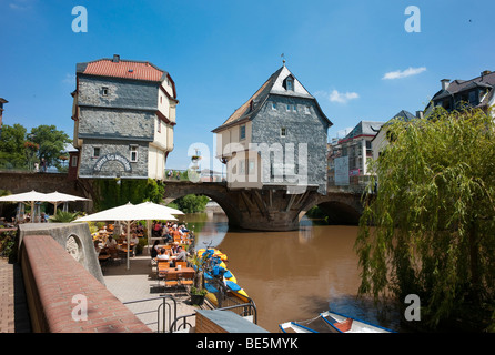 Old bridge across Nahe River with bridge houses, Bad Kreuznach, Rhineland-Palatinate, Germany, Europe Stock Photo