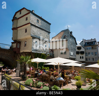 Old bridge across Nahe River with bridge houses, Bad Kreuznach, Rhineland-Palatinate, Germany, Europe Stock Photo