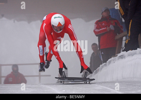 Start skeleton, men's, World Cup Winterberg, 2008/2009 season, Sauerland, North Rhine-Westphalia, Germany, Europe Stock Photo