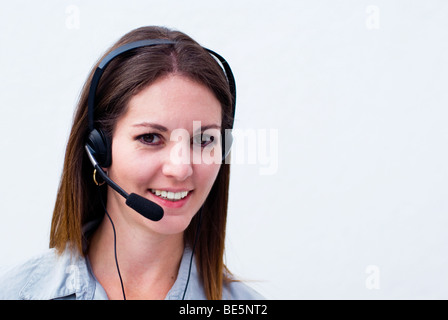 Happy woman phone service answering costumers telephone calls Stock Photo