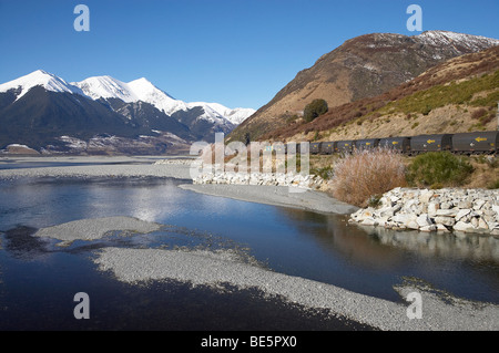 Waimakariri River, Mt Binser, Cass Hill and Coal Train, from Mt White Bridge, Arthur's Pass Road, Canterbury, New Zealand Stock Photo