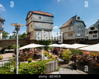 Old bridge across Nahe River with bridge houses, Bad Kreuznach, Rhineland-Palatinate, Germany, Europe Stock Photo