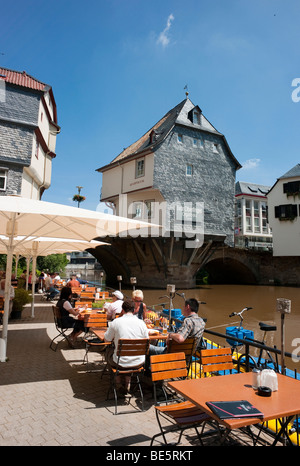 Old bridge across Nahe River with bridge houses, Bad Kreuznach, Rhineland-Palatinate, Germany, Europe Stock Photo