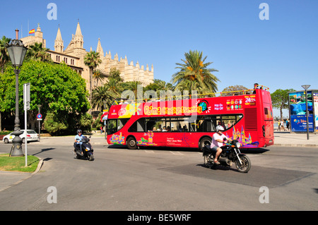 Tourist Bus in the historic centre of Palma de Majorca, Majorca, Balearic Islands, Spain, Europe Stock Photo