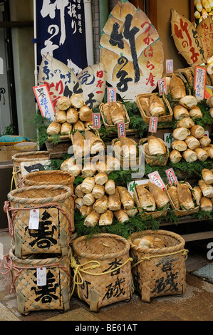 Shop selling bamboo shoots to eat in the Teramachi shopping arcade, Kyoto, Japan, Asia Stock Photo