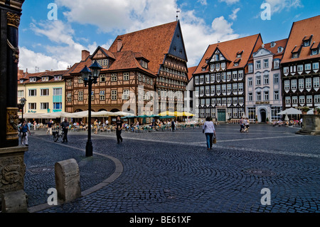 Market square with the Baeckeramtshaus baker's guild house and the Knochenhaueramtshaus butcher's guild house, Hildesheim, Lowe Stock Photo
