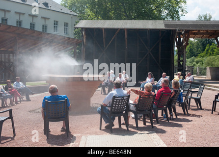 Patients inhaling salt-containing air in front of a saline, Bad Kreuznach health resort, Rhineland-Palatinate, Germany, Europe Stock Photo