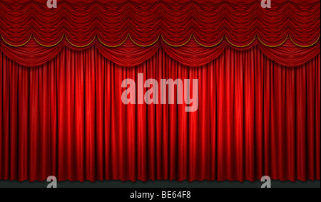 Red stage curtain with yellow accents with light and shadow Stock Photo