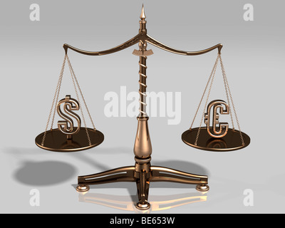 Brass scales with US dollar and euro symbols Stock Photo