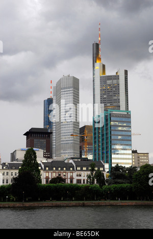 Gray skyline of the financial district with Main Tower Helaba, European Central Bank EZB, Commerzbank and Swiss National Bank S Stock Photo