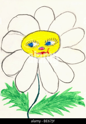 White daisy face illustration on blue background Stock Photo - Alamy